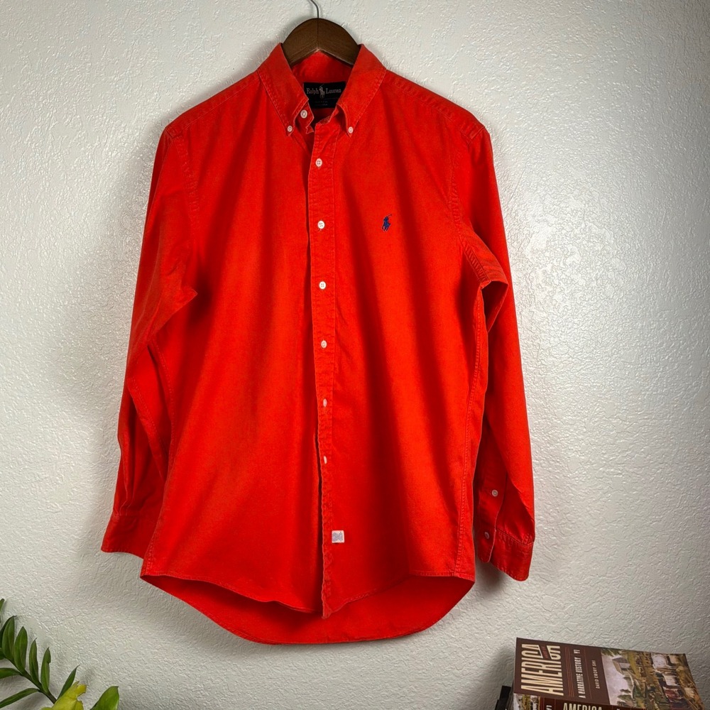 Vintage 90s Ralph Lauren Shirt Men's M Made in USA Red Orange 100% Cotton